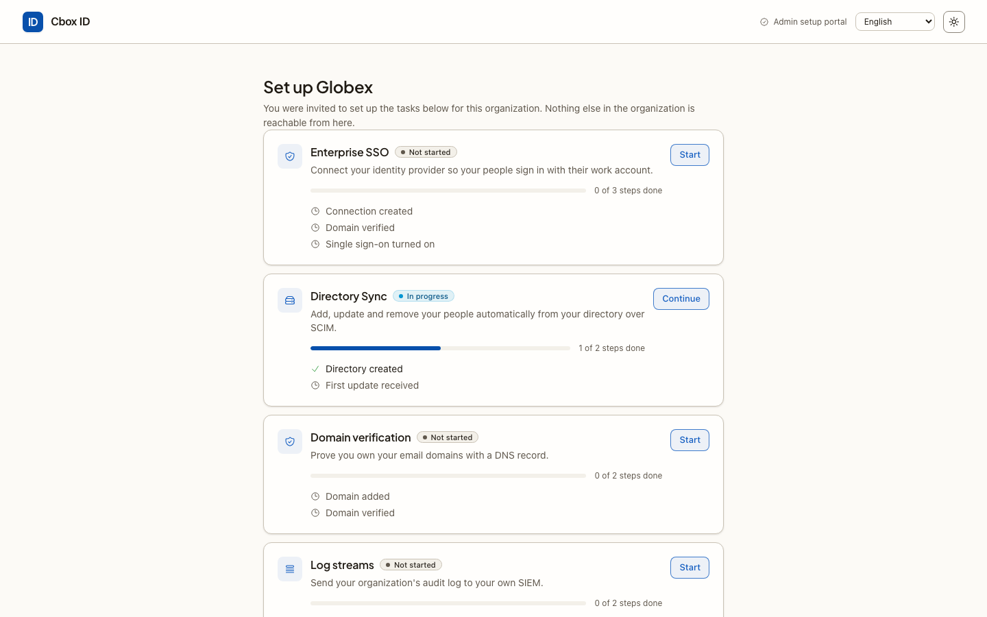 The Admin Portal checklist a customer's IT admin sees