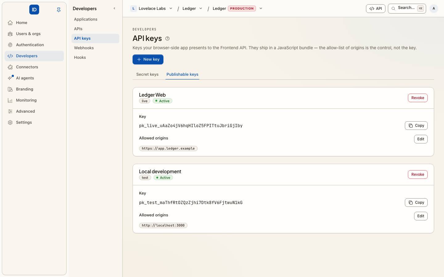 API keys, the Publishable keys tab