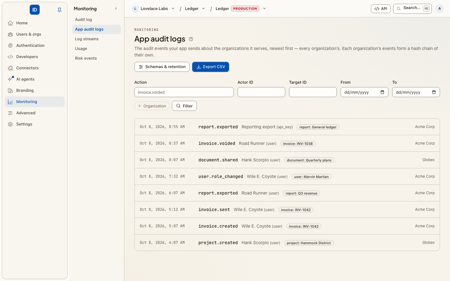 App audit logs in an environment console