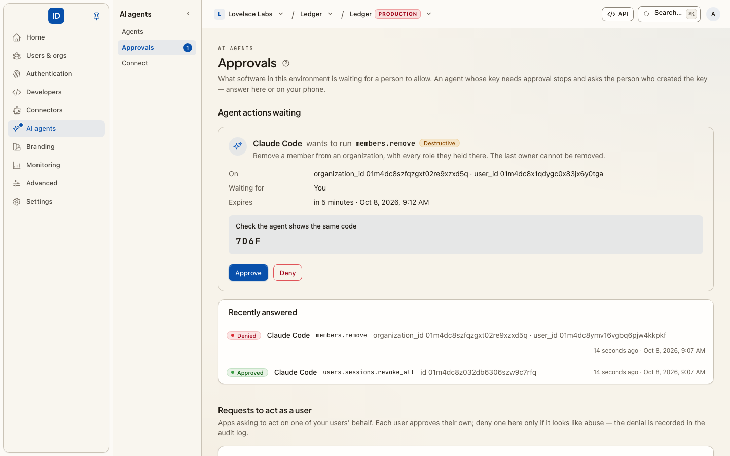 AI agents, Approvals, in an environment console