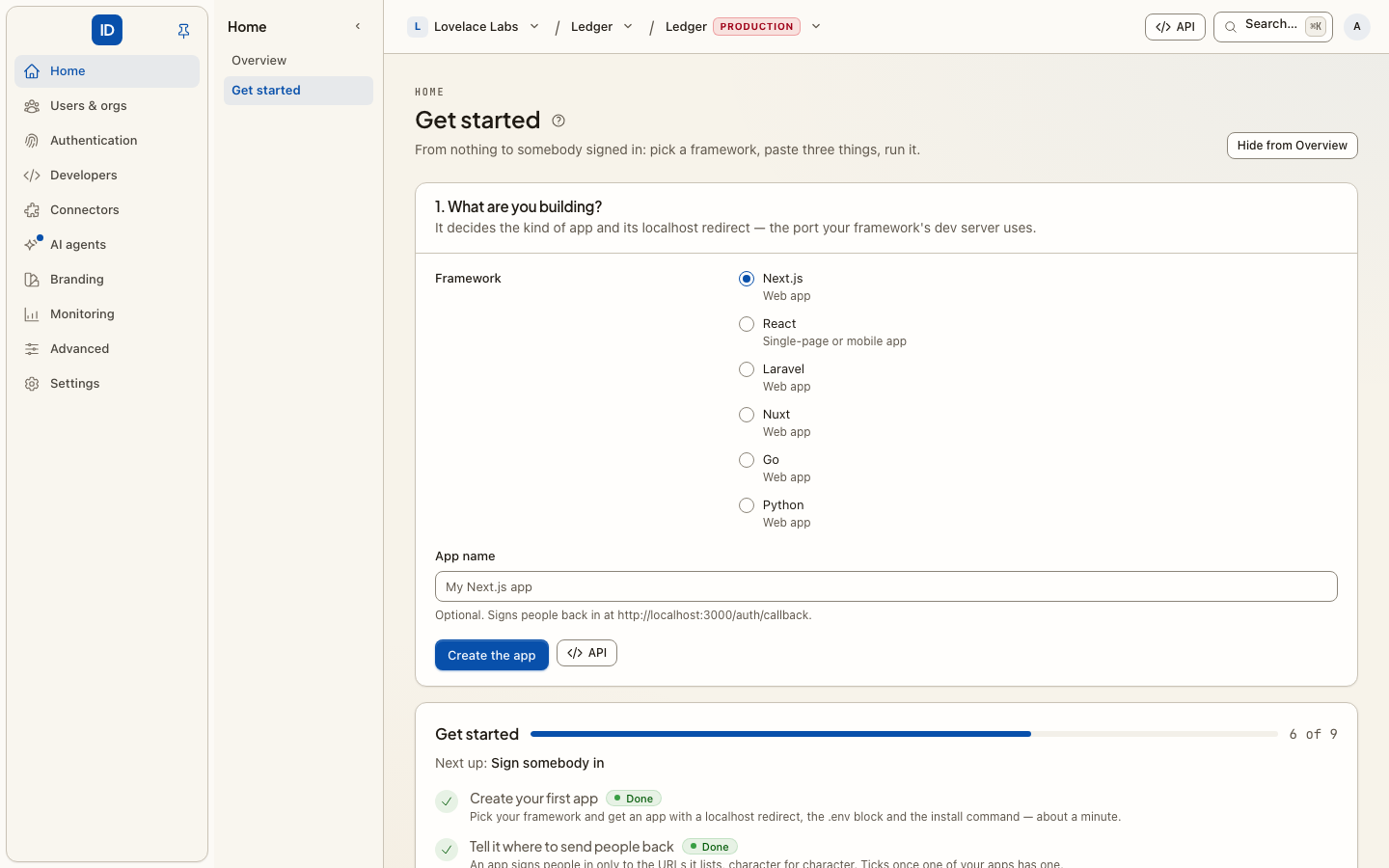 An environment console's Get started page