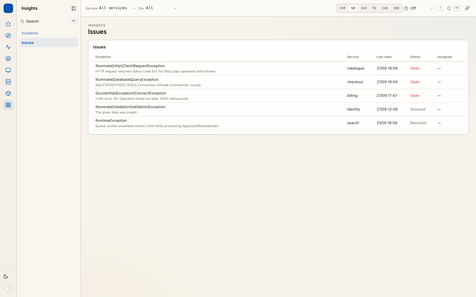 Issues: one row per error fingerprint, with the status the team gave it — open, snoozed, resolved in a named release — rather than one row per occurrence.