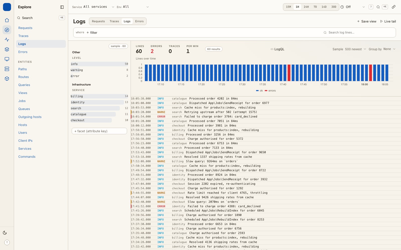 Log explorer with live tail. The query is the same IR the other explorers use, compiled to LogQL.